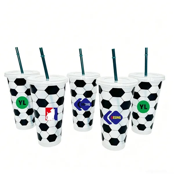 Large Capacity Soccer Themed Plastic Tumbler With Straw