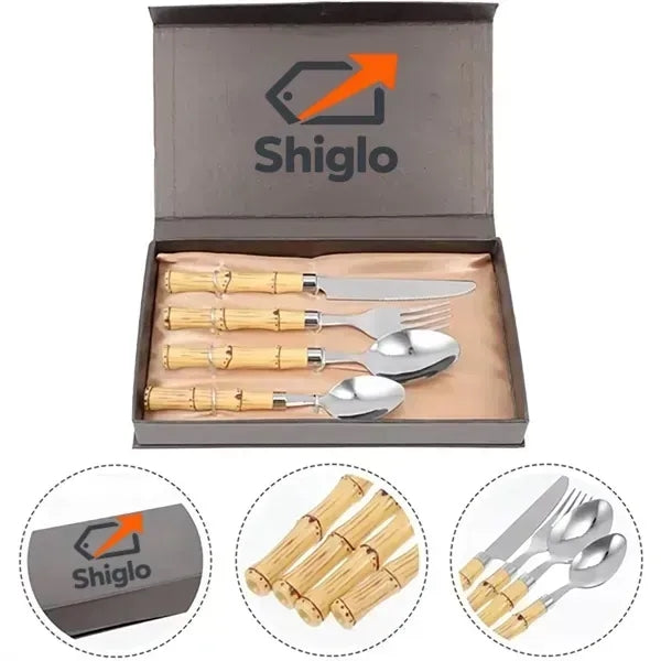 4 Piece Bamboo Stainless Steel Gold Style Set Flatware Gift