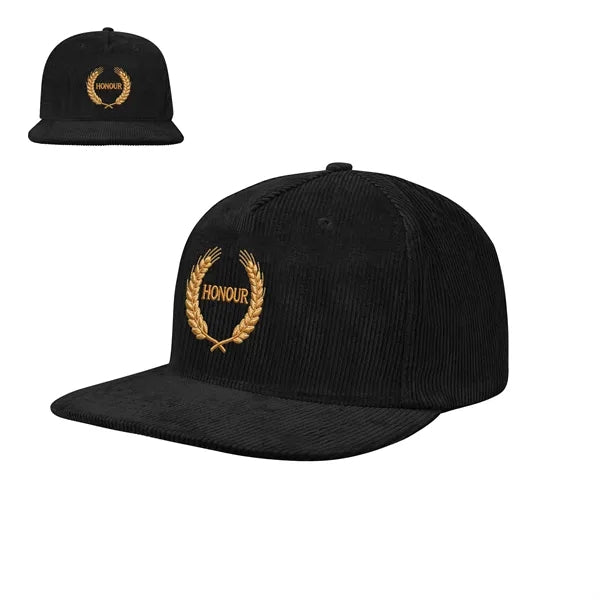5 Panel Structured Corduroy Snapback Cap W/ Flat Bill