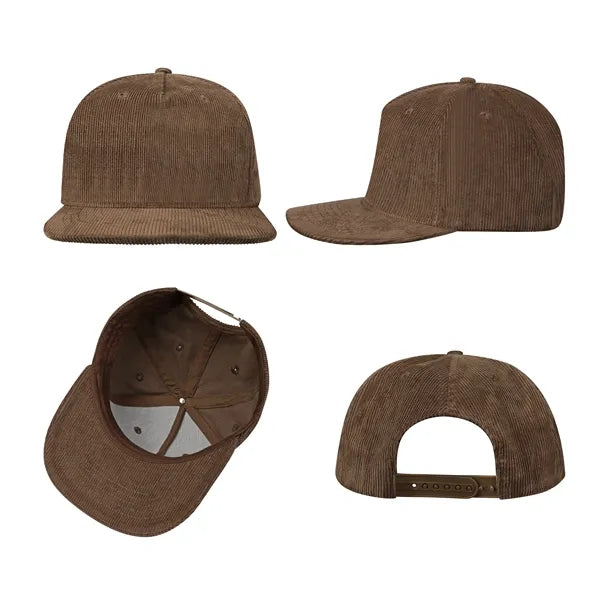 5 Panel Structured Corduroy Snapback Cap W/ Flat Bill
