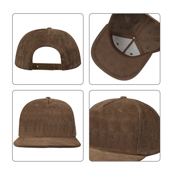 5 Panel Structured Corduroy Snapback Cap W/ Flat Bill