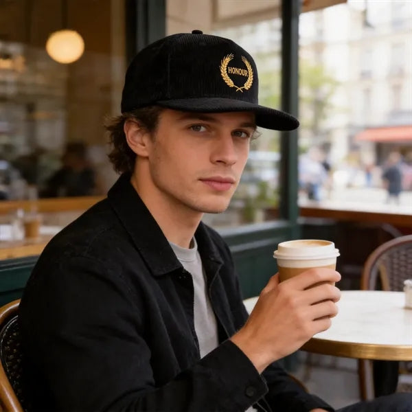 5 Panel Structured Corduroy Snapback Cap W/ Flat Bill
