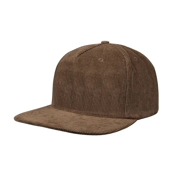 5 Panel Structured Corduroy Snapback Cap W/ Flat Bill