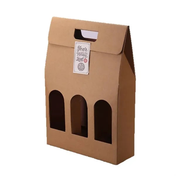3-Bottle Kraft Wine Carrier Box with Windows and Handle