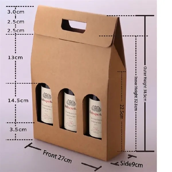 3-Bottle Kraft Wine Carrier Box with Windows and Handle