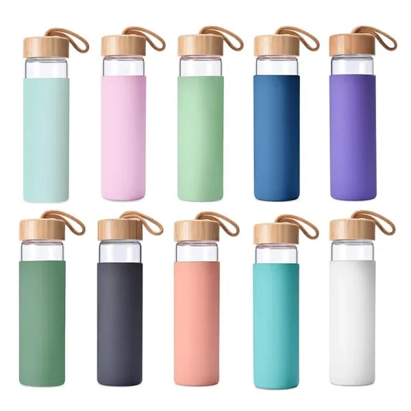 19oz. Glass Water Bottle w/ Lid & Silicone Sleeve & Strap