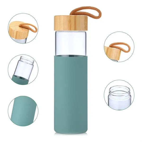 19oz. Glass Water Bottle w/ Lid & Silicone Sleeve & Strap