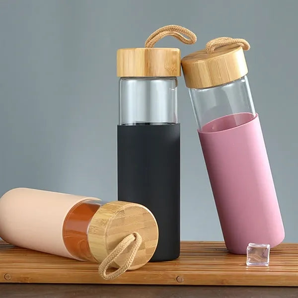 19oz. Glass Water Bottle w/ Lid & Silicone Sleeve & Strap