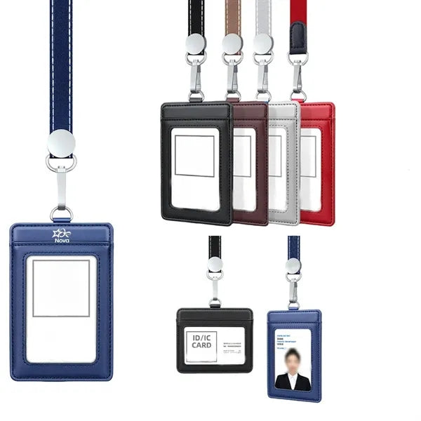 Leather ID Badge Holder with Detachable Neck Lanyard Strap