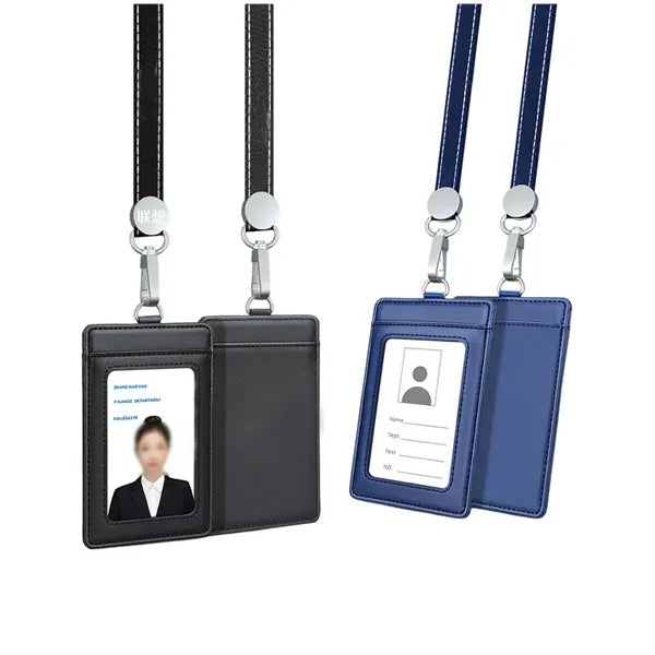 Leather ID Badge Holder with Detachable Neck Lanyard Strap