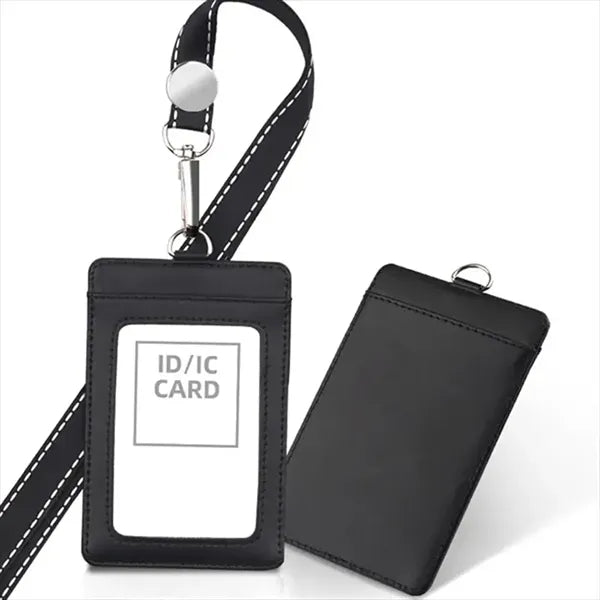 Leather ID Badge Holder with Detachable Neck Lanyard Strap