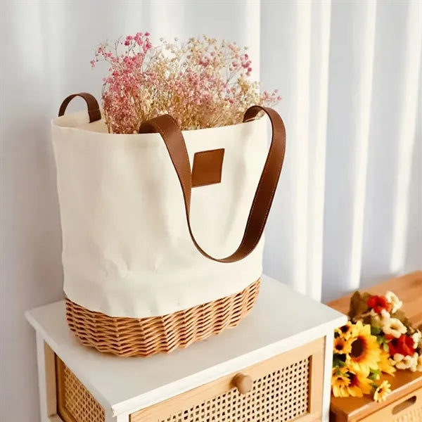 Canvas & Willow Woven Tote Bag with Leather Handles