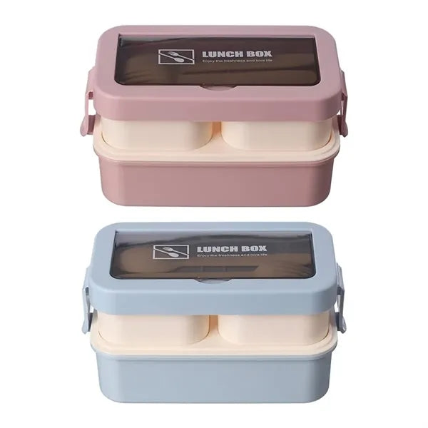 Double-Layer Bento Lunch Box w/ Cutlery Set & Compartments
