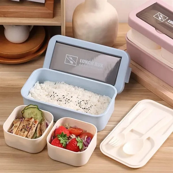 Double-Layer Bento Lunch Box w/ Cutlery Set & Compartments