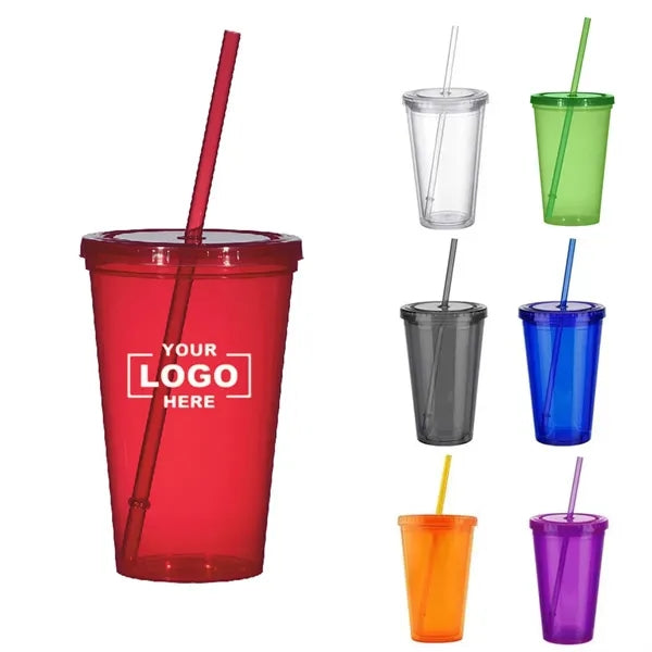 16 oz Custom Double Wall Acrylic Tumblers With Straw