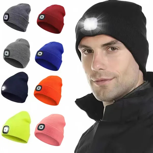 Unisex LED Light Winter Knitted Beanie Hat W/Headlamp