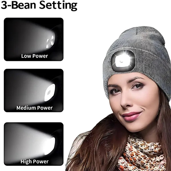 Unisex LED Light Winter Knitted Beanie Hat W/Headlamp