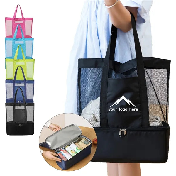 Mesh Beach Tote Bag w/ Insulated Cooler Bottom Compartment