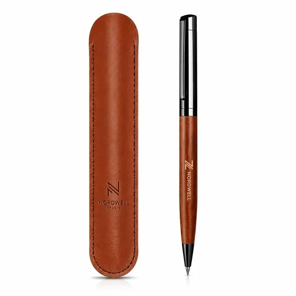 Engraved Wood Metal Pen with Leather Pouch