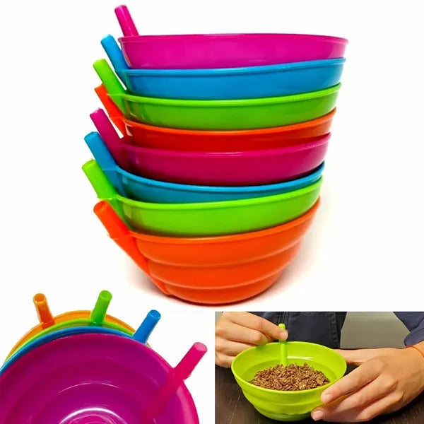 Plastic Cereal & Soup Bowl with Built-In Sipping Straw