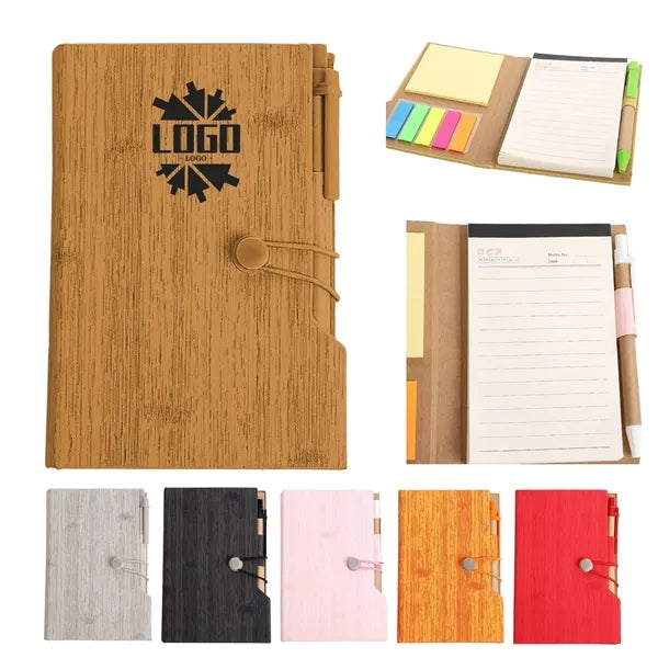 Wood Grain Notebook with Sticky Note and Pen