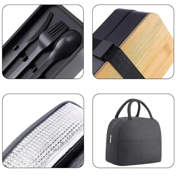 Stackable Bamboo Top Bento Lunch Box With Insulated Bag Set