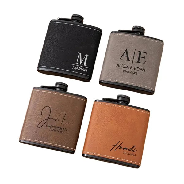6oz Custom PU Leather Hip Flask Engraved Groomsmen Gift