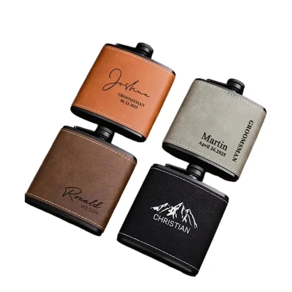 6oz Custom PU Leather Hip Flask Engraved Groomsmen Gift