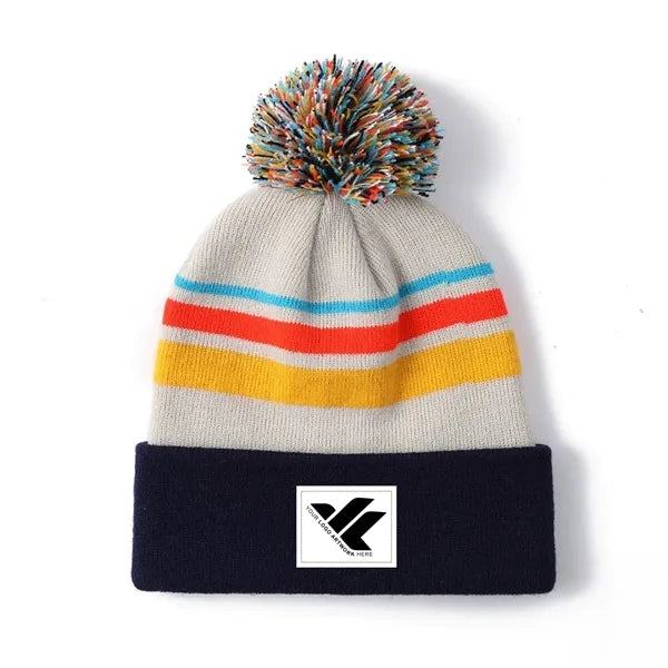 Colorful Striped Knit Beanie with Pom-Pom