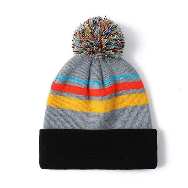 Colorful Striped Knit Beanie with Pom-Pom
