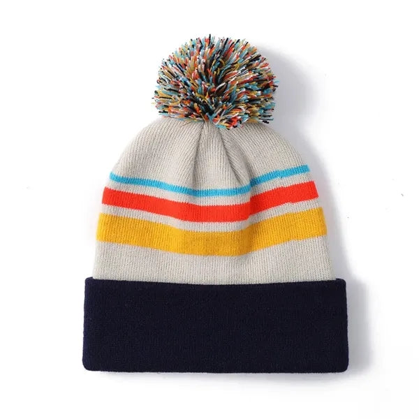 Colorful Striped Knit Beanie with Pom-Pom