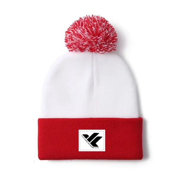 Red & White Christmas Knit Beanie with Pom-Pom