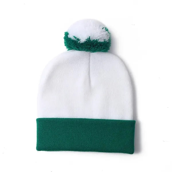 Red & White Christmas Knit Beanie with Pom-Pom