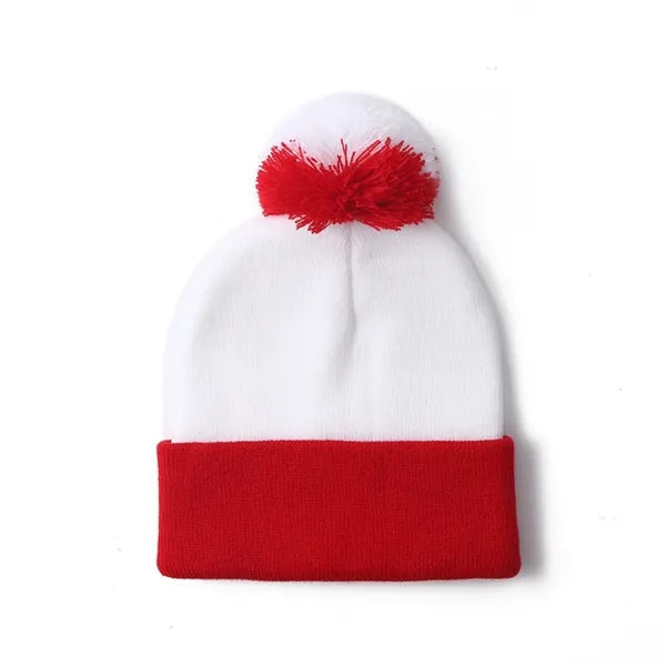 Red & White Christmas Knit Beanie with Pom-Pom