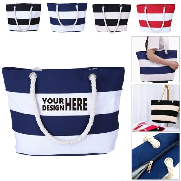 Striped Canvas Shopping Tote Bag
