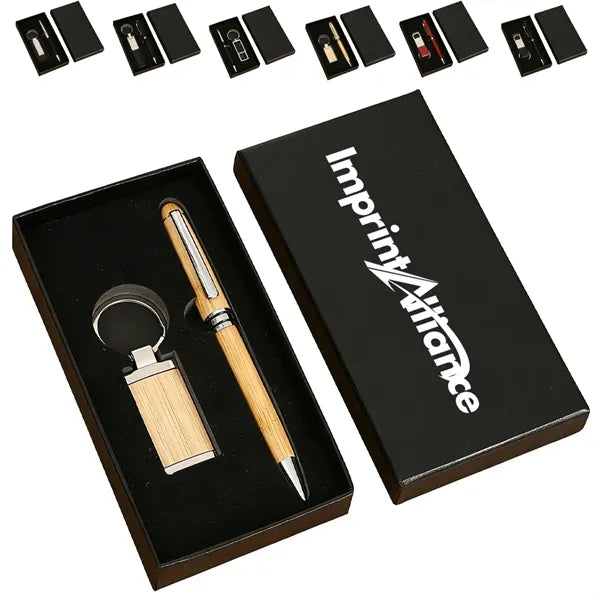 Bamboo Ballpoint Pen And Rectangular Keychain Gift Set