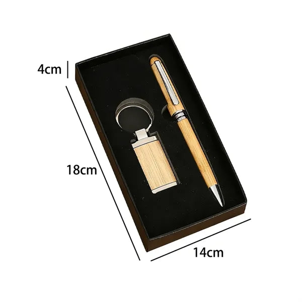 Bamboo Ballpoint Pen And Rectangular Keychain Gift Set
