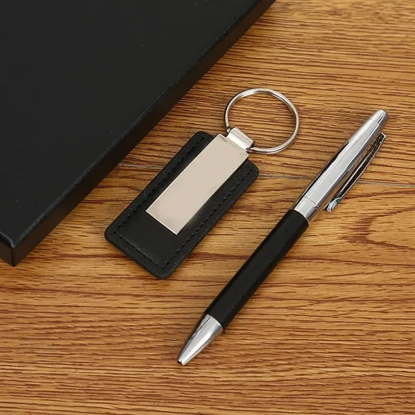 Bamboo Ballpoint Pen And Rectangular Keychain Gift Set