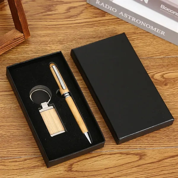 Bamboo Ballpoint Pen And Rectangular Keychain Gift Set