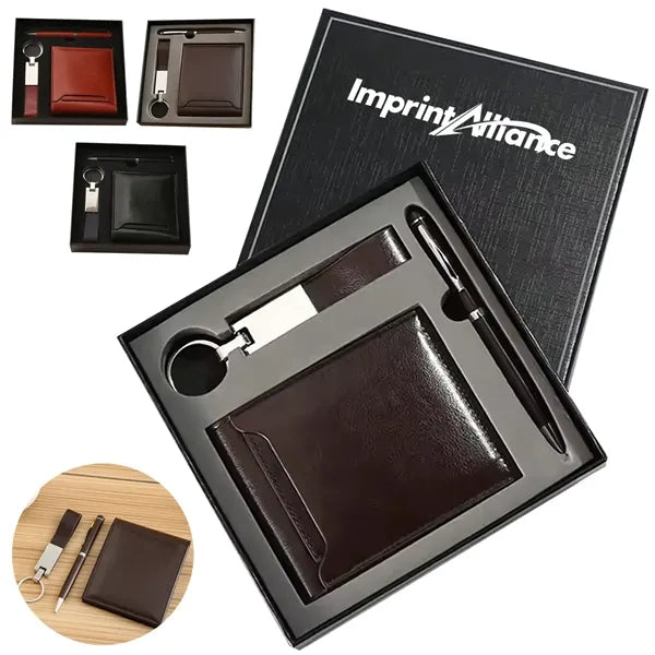 Executive PU Leather Wallet Pen Keychain Business Gift Set