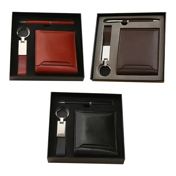 Executive PU Leather Wallet Pen Keychain Business Gift Set