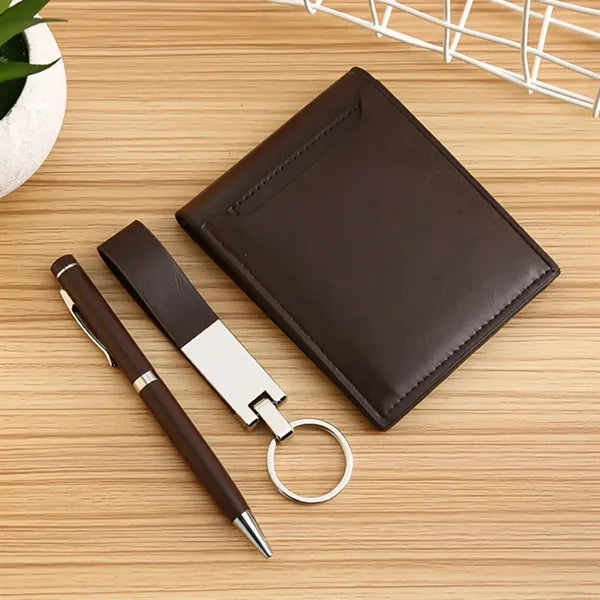 Executive PU Leather Wallet Pen Keychain Business Gift Set