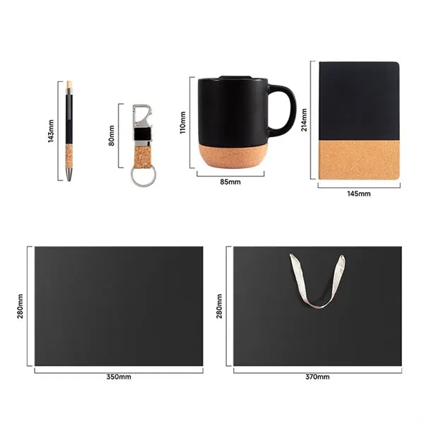 Modern Black And Cork 4-Piece Coffee Mug Notebook Gift Set