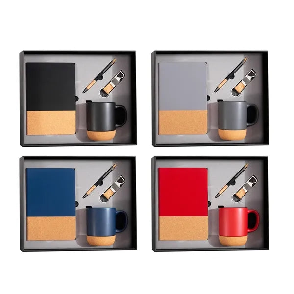 Modern Black And Cork 4-Piece Coffee Mug Notebook Gift Set