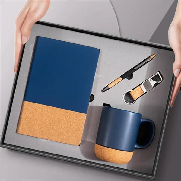 Modern Black And Cork 4-Piece Coffee Mug Notebook Gift Set