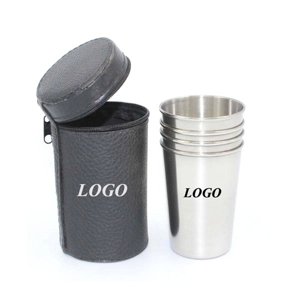 Stainless Steel Drinking Cup Set Including 4 Cups And One Zi