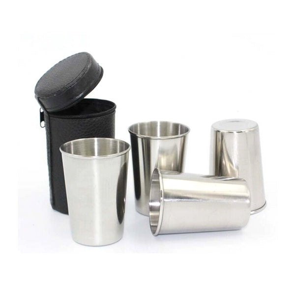 Stainless Steel Drinking Cup Set Including 4 Cups And One Zi