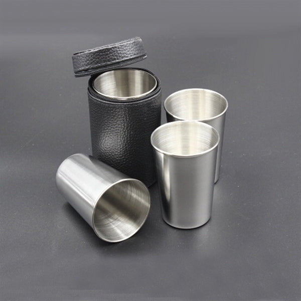 Stainless Steel Drinking Cup Set Including 4 Cups And One Zi