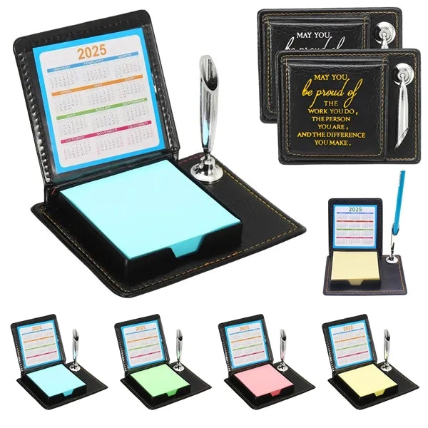 Leather Desk Calendar Sticky Note Holder with Pen Stand