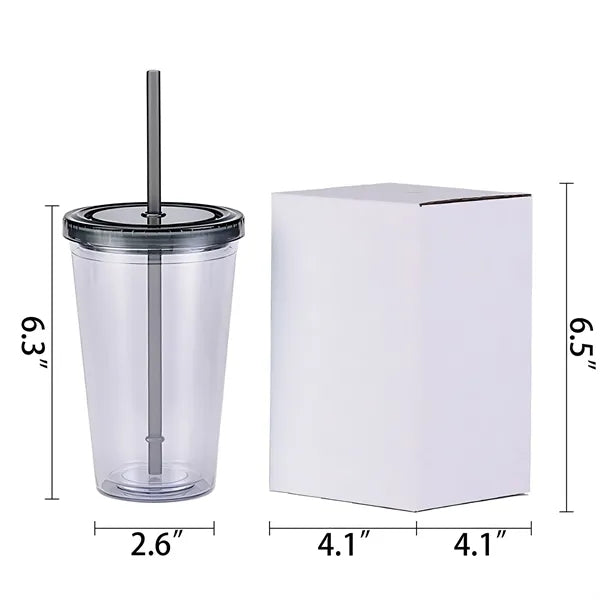 16Oz Double Wall Clear Plastic Cup with Straw